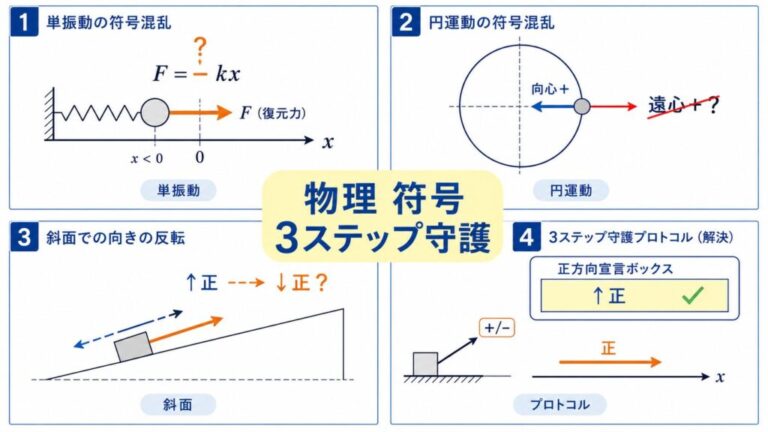 物理の符号ミスが「気をつけて」では治らない本当の理由 ― 3ステップ正